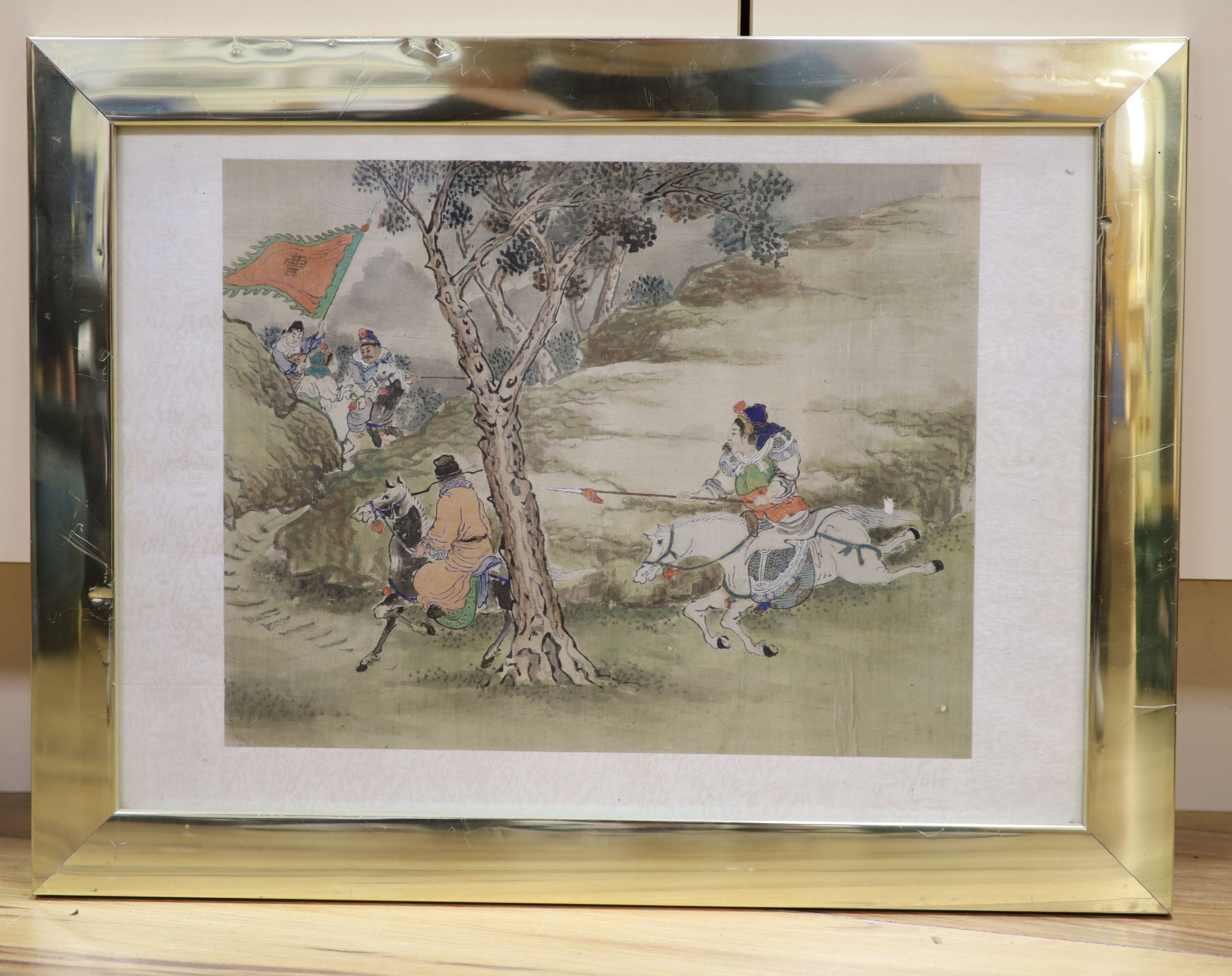 Japanese School, watercolour on silk, soldiers on horseback, 27 x 34cm.